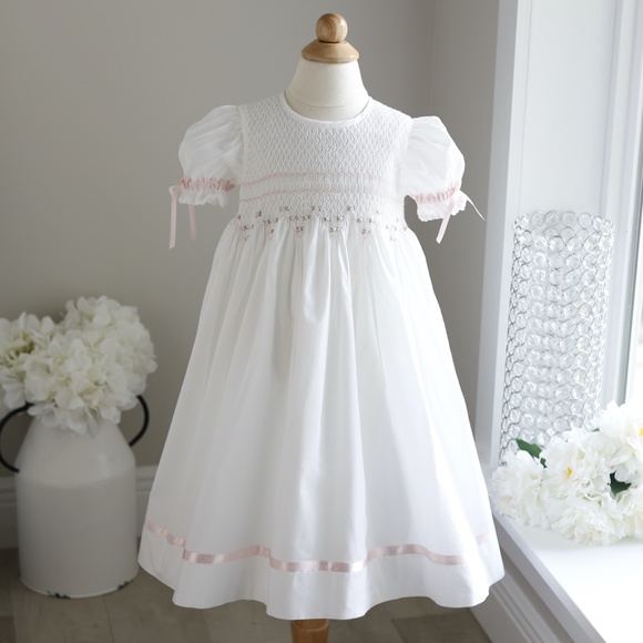 Strasburg Dress Smocked White with Pink Trim Size 3 Special Occassion Portrait - Picture 1 of 6